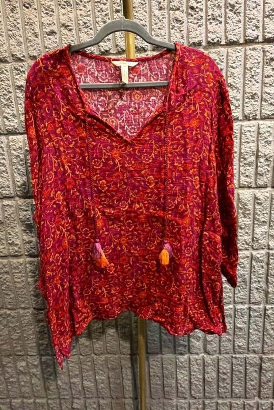 528 Matilda Jane Enchanted Garden Coral Reef Medallion Tassel Blouse Medium